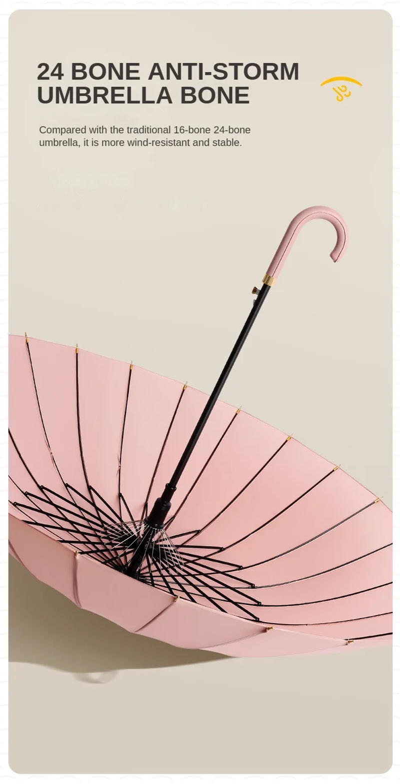 Description Picture 6 of itemLuxury Umbrella Windproof Strong 24 Ribs, Long Handle Rain Umbrella Woman, Semi-Automatic Golf Large Umbrellas Waterproof