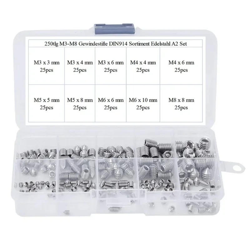 Description Picture 6 of item250PCS Socket Head Hex Set Screw Assortment Grub Screw Cup- Metric 304 Stainless Steel M3 M4 M5 M6 M8 Cup Point Grub Screw Set