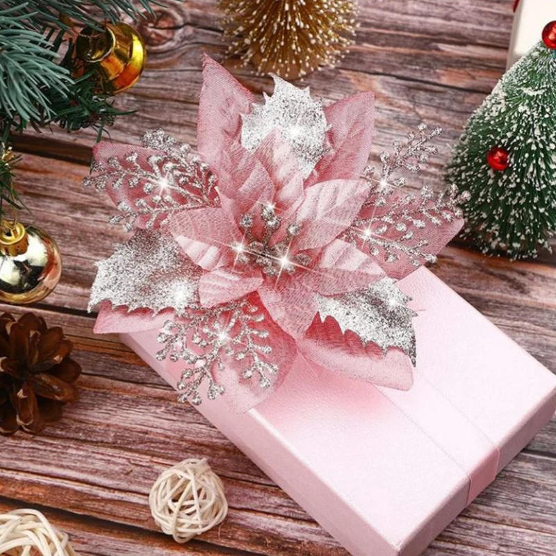 Description Picture 3 of item5pcs 14.5cm Glitter Artifical Christmas Flowers Mreey Christmas Tree Decoration Happy New Year Ornaments Xmas Fake Flowers natal