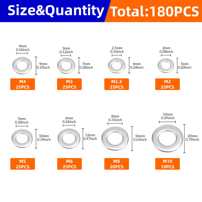 Description Picture 3 of item180pcs Stainless Steel Sealing Solid Gasket Washer M2 M2.5 M3 M4 M5 M6 M8 M10 Sump Plug Oil For General Repair Seal Ring Set
