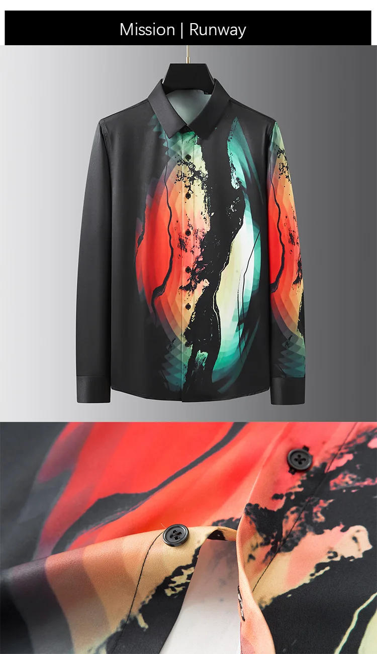 Description Picture 3 of item2024 Spring Gradient Print Shirt for Men Brand Slim Casual Business Dress Shirts Social Nightclub Streetwear Tuxedo Blouse M-3xl