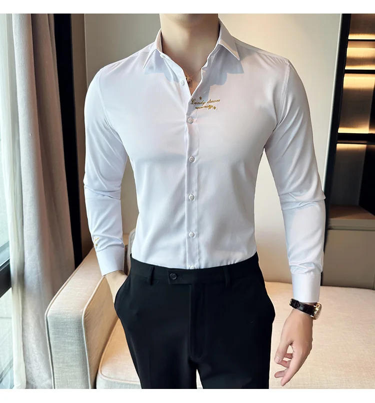 Description Picture 5 of itemKorean Fashion Letter Embroidered Shirt Men Casual Business Formal Dress Shirts Long Sleeve Slim Fit Social Party Tuxedo Blouse