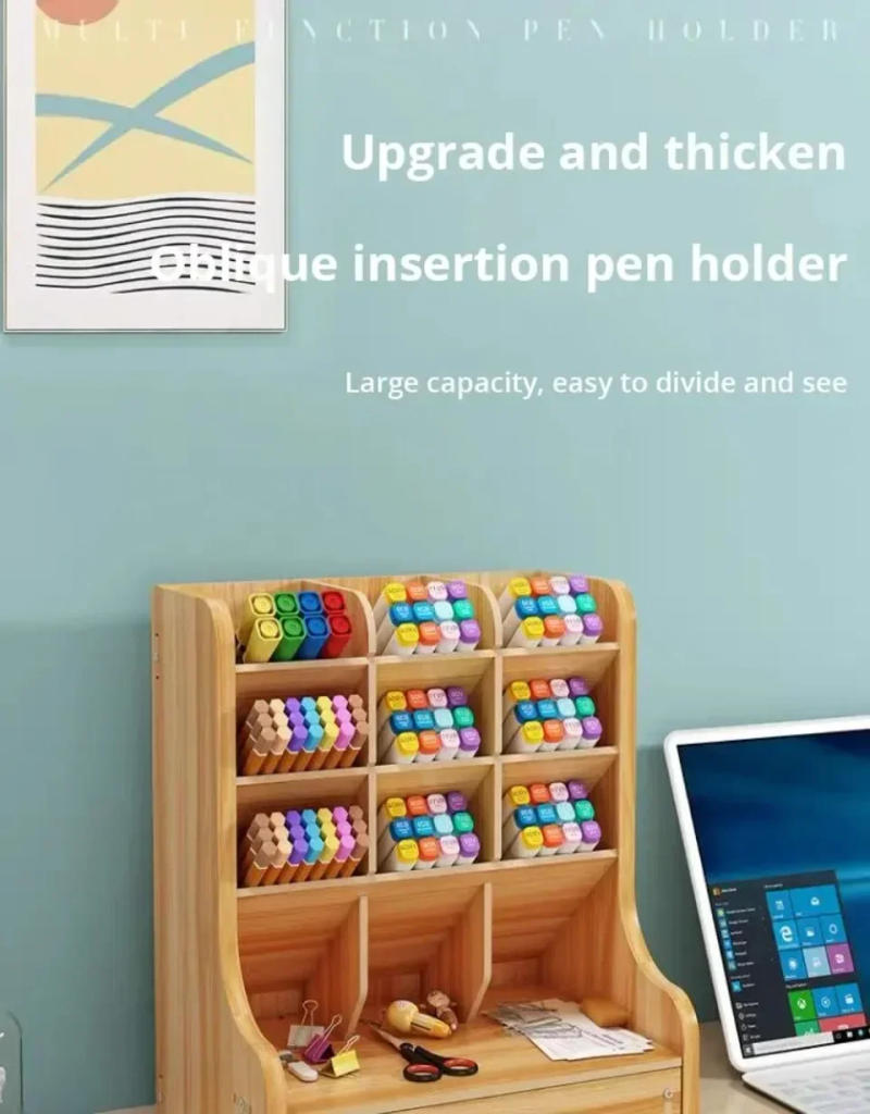 Description Picture 5 of itemWooden Desk Organiser DIY Desktop Tidy Pen Holder Large Capacity Stationery Storage Box with Drawer for Home Office and School