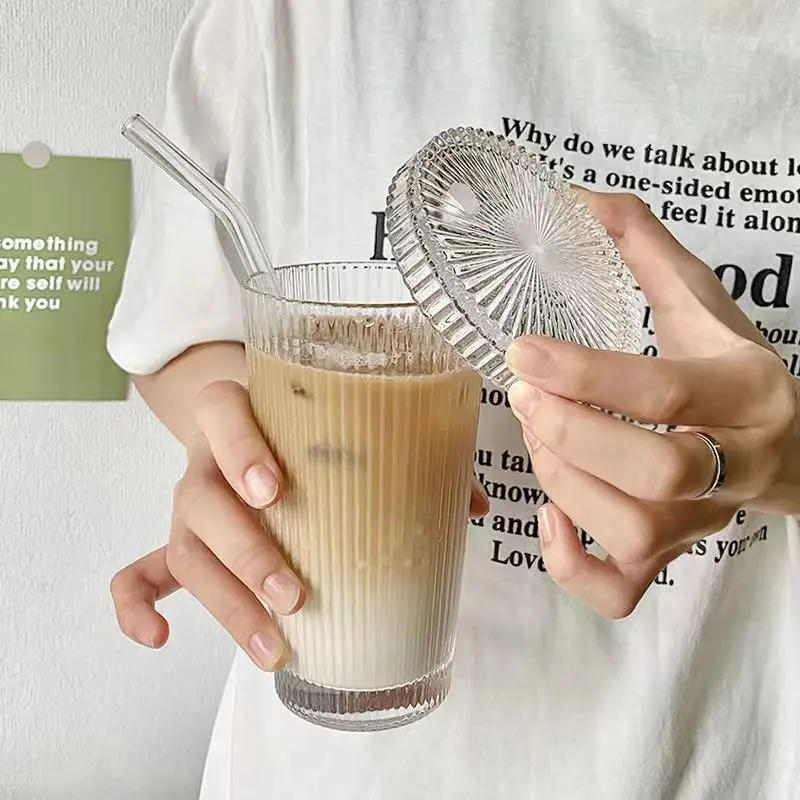 Description Picture 5 of item375Ml Stripe Glass Cup with Lid Straw Japanese Style Drinking Chic Mugs Milk Coffee Drinkware Tea Birthday Gifts whiskey Glasses