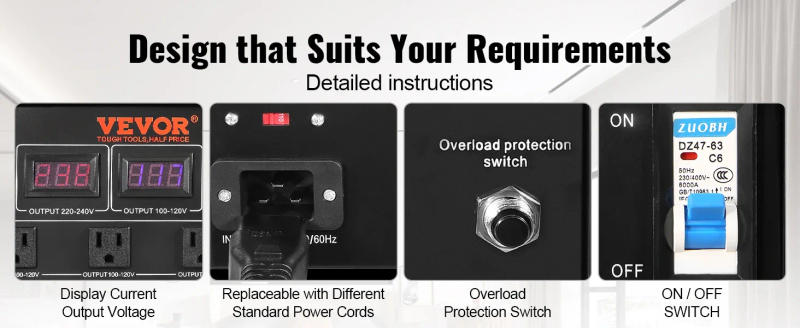 Description Picture 5 of itemVEVOR Voltage Converter Transformer 500-5000W Heavy Duty Step Up/Down Transformer Convert 110V to 220V and 220V to 110V