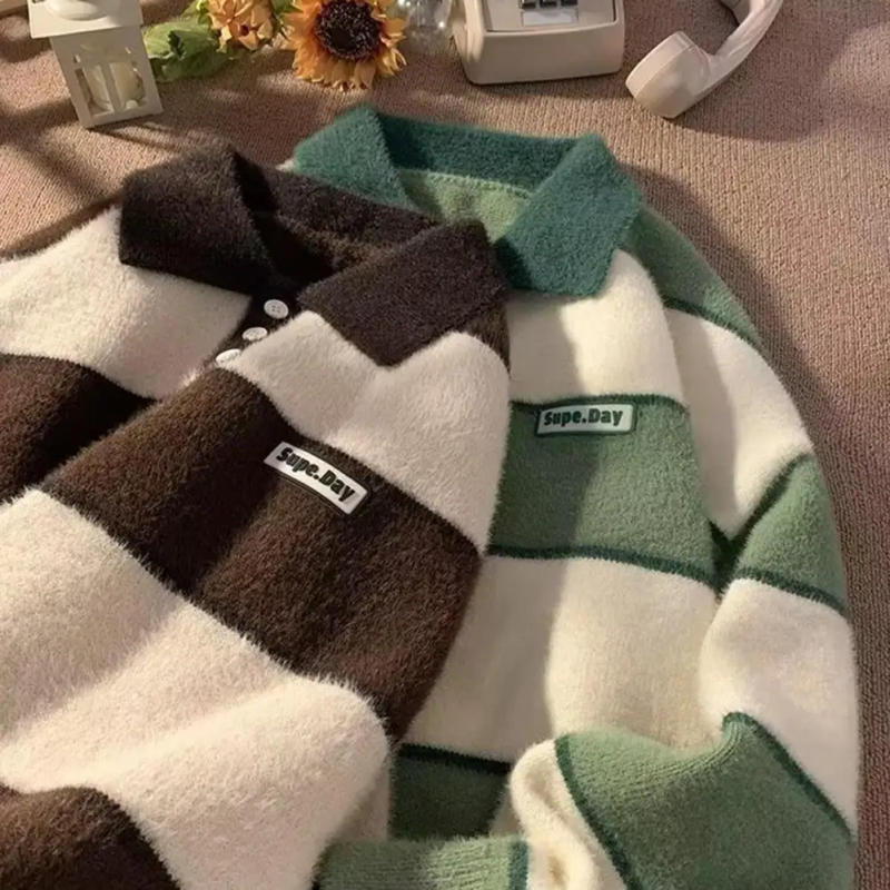 Description Picture 3 of itemStriped Print Pullover Sweater Comfortable Lapel Knitwear Casual Men Loose Sweater Men's Women's Winter Sweaters Warm Knit Tops