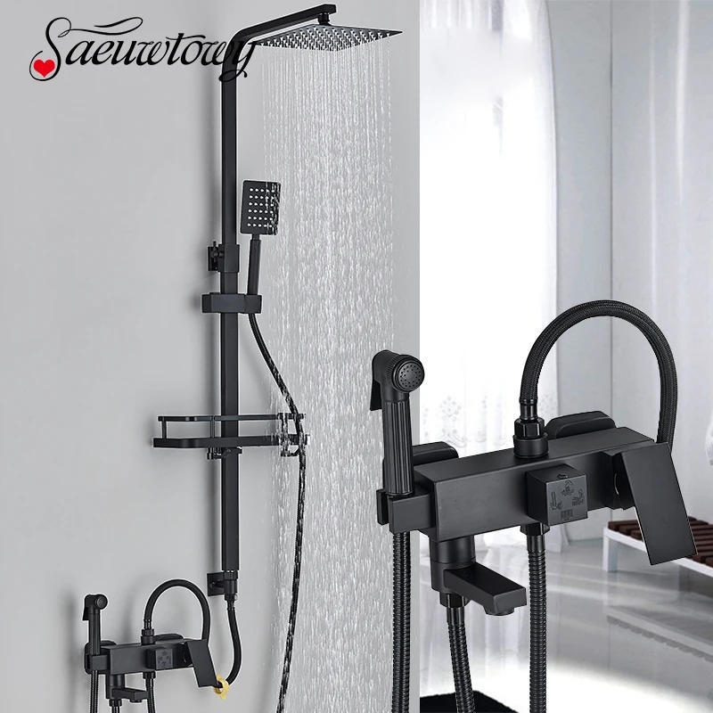Description Picture 2 of item3/4 Ways Bathroom Shower Faucet Rain Shower Tap Bath Faucet Wall Mounted Bathtub Shower Mixer Crane Brass Mixer Valve Black