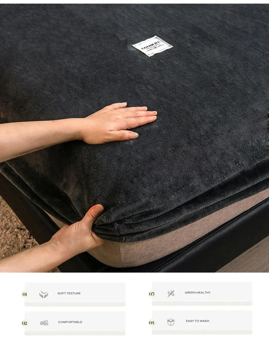 Description Picture 4 of item1PC Soft Warm Plush Fitted Sheet Elastic Mattress Cover Fluffy Coral Fleece Bed Linen Winter Couple Luxury Double Bed Bedding
