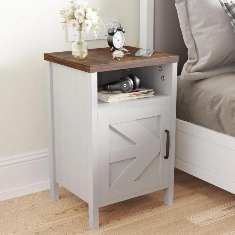 Description Picture 3 of itemFarmhouse Nightstand, Modern Bedside Table with Barn Door and Shelf, Rustic End Table Side Table