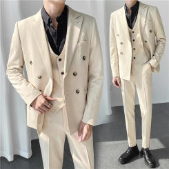 Ins Light Mature Style Korean Version Slim Fit (suit + Vest + Trousers) Casual Solid Color Double Breasted Men's Three-piece Set
