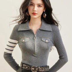 H Han Queen 2025 Spring Zipper Tops Slim Knitted Bottom Shirt Women's Sweater Striped  Casual Knitted Pullover Sweater