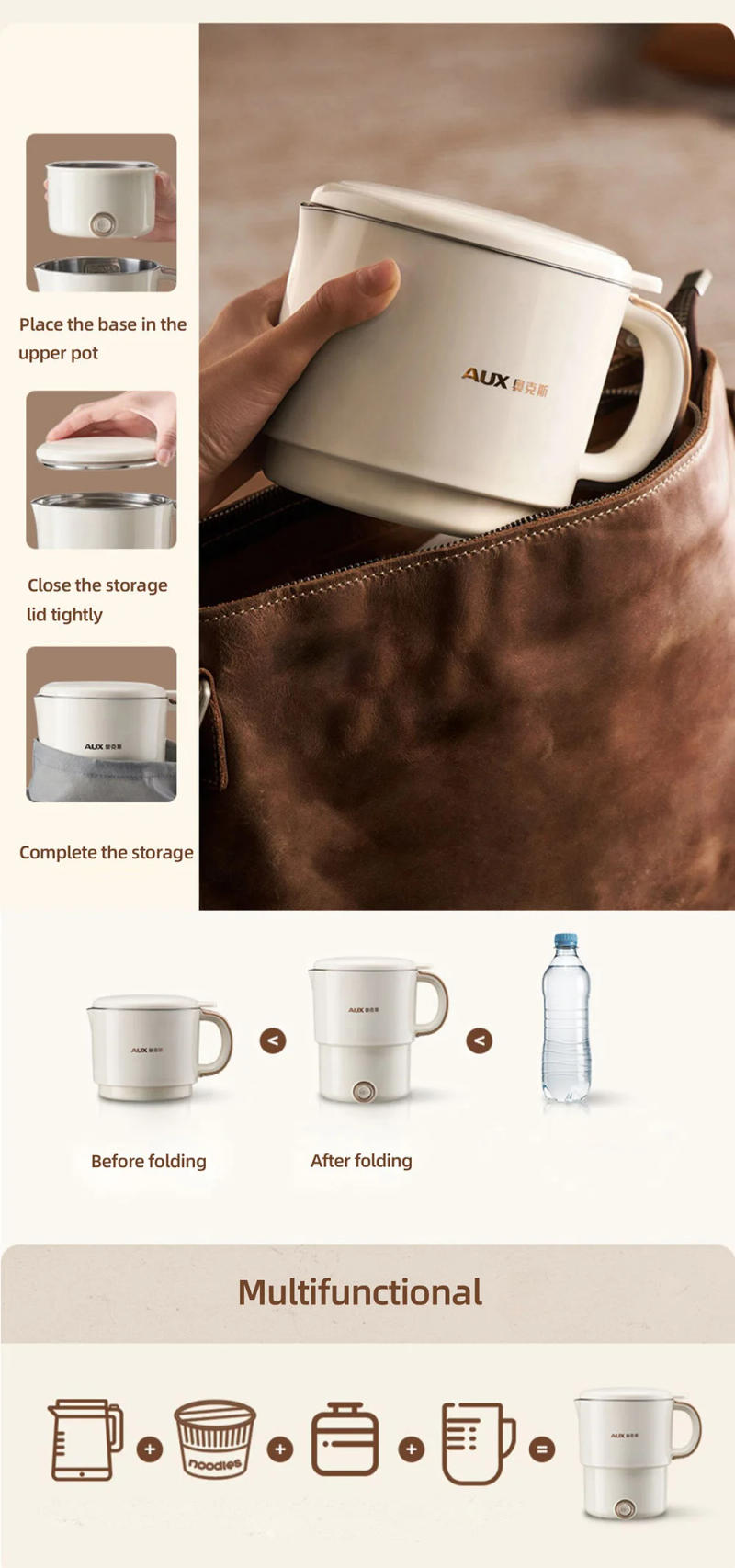 Description Picture 6 of item800ml Folded Electric Kettle Portable Cooking Pot Multicooker Travel Kettles TeaPot Heating Cup 304 Stainless Steel Slow Cooker