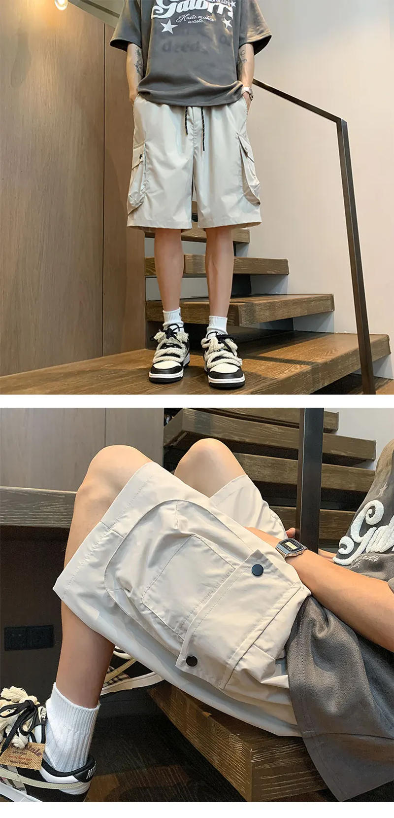 Description Picture 4 of item2024 Men's Summer New Fashion Loose Straight Short Pants Male Multiple Pockets Casual Shorts Men Solid Color Cargo Shorts K376