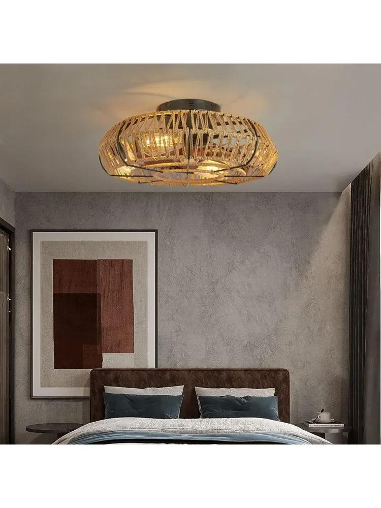 Description Picture 2 of itemAmerican LED Ceiling Fan Retro Light Remote Control Dining Room Living Room Bedroom Ceiling Light Hemp Rope Ceiling Fan Light