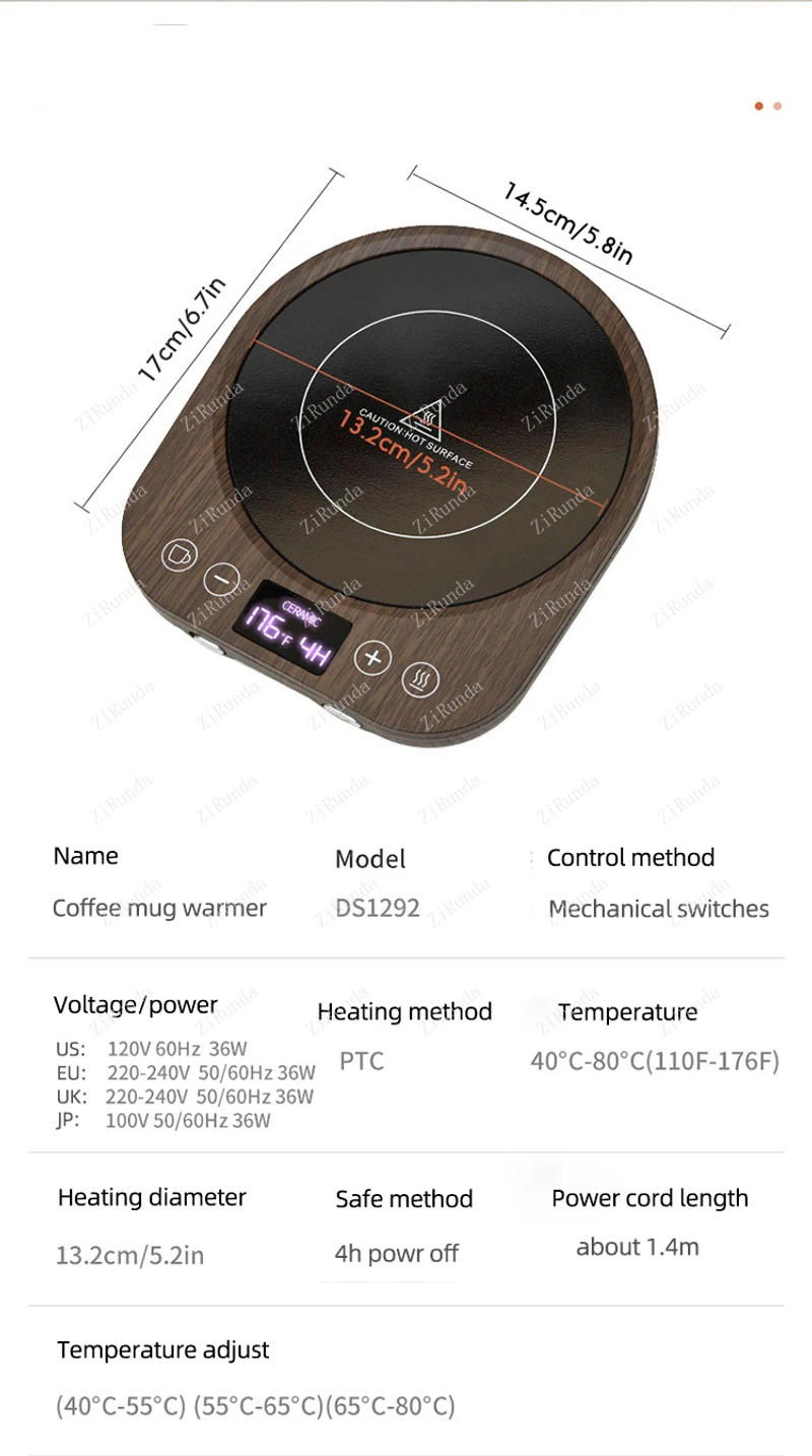 Description Picture 5 of item110V/220V Coffee Mug Warmer Timing Cup Heater Hot Tea Makers Heating Pad Warmer Coaster Electric Hot Plate Coffee Heater 36W