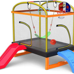 6.5Ft 7-in-1 Rectangle Trampoline for Kids, with Climb, Slide, Swing, Basketball Hoop, Multi-Functional Indoor Outdoor Baby Todd