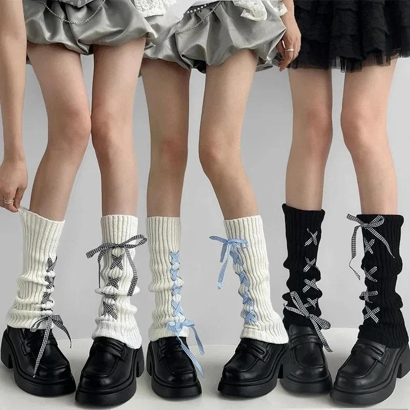 Description Picture 2 of itemWomen Cute Cross Bowknot Lace-up Leg Warmers Y2k Lolita Ballet Style Subculture Knitted Fabric Slimming Warm Slouchy Sock Covers