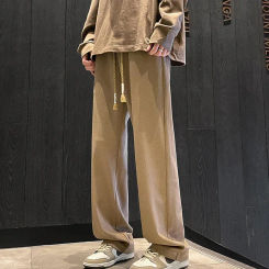 New Casual Solid Color Straight Leg Pants for Men's Spring Fashion Drawstring Tied Loose Oversized Pants