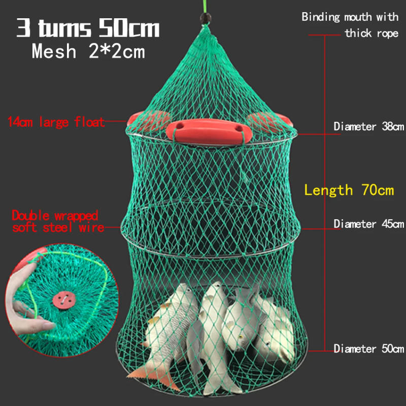 Description Picture 5 of itemThree floating fish protection sea fishing net pocket mesh bagged quick-drying folding fish cage thickened woven fish basket