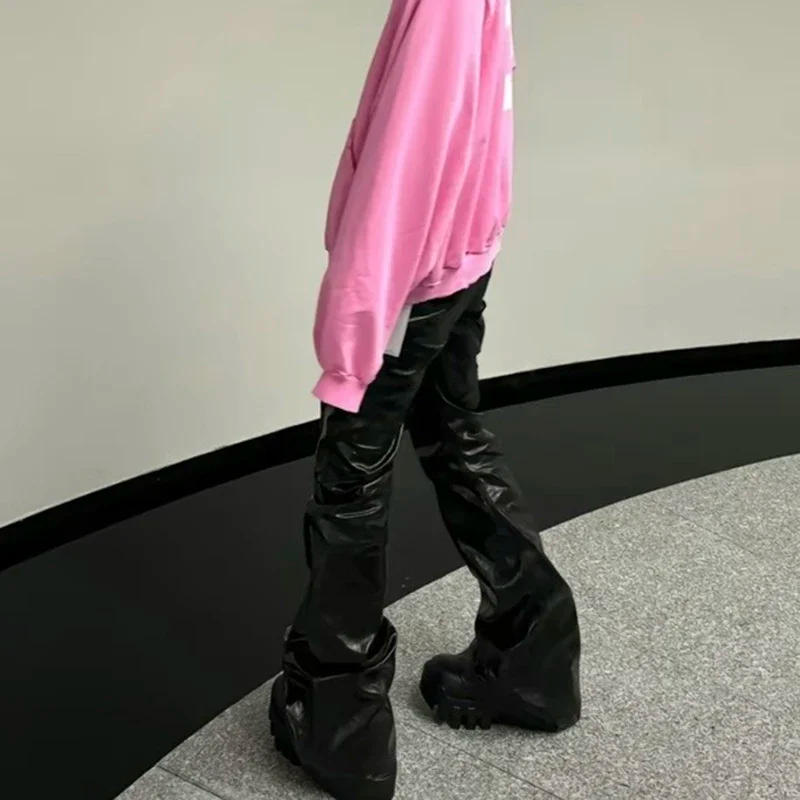 Description Picture 4 of itemHigh Street Wide Leg Glossy Pu Leather Pants Sashes Boot Cut Men and Wome Straight Baggy Casual Jeans Oversized Flared Trousers