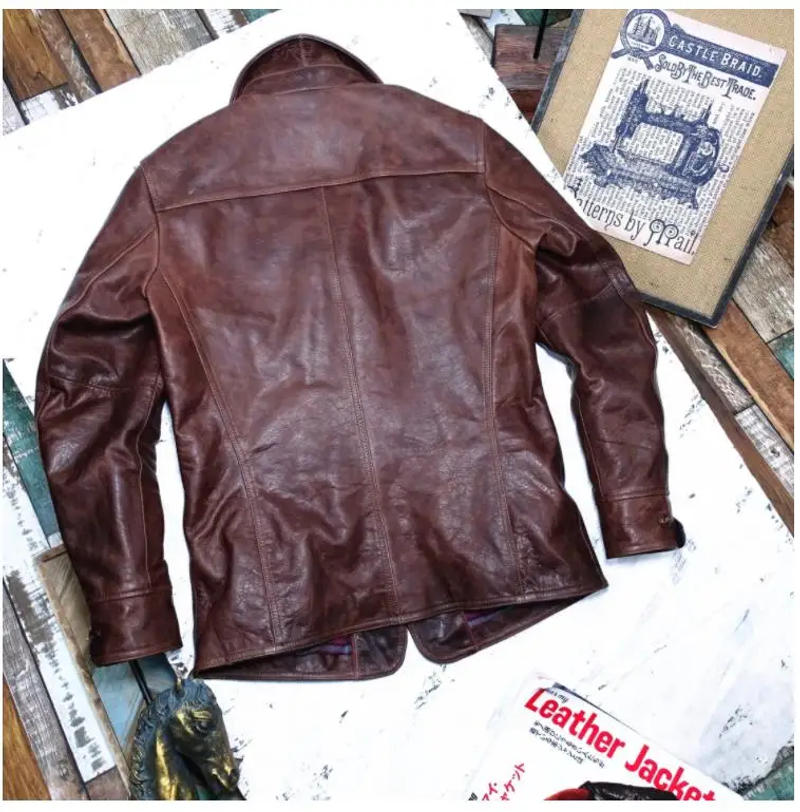 Description Picture 5 of itemYR!Free shipping.Vintage brown batik horsehide jacket.Classic safari style genuine leather coat.retro quality leather Trench