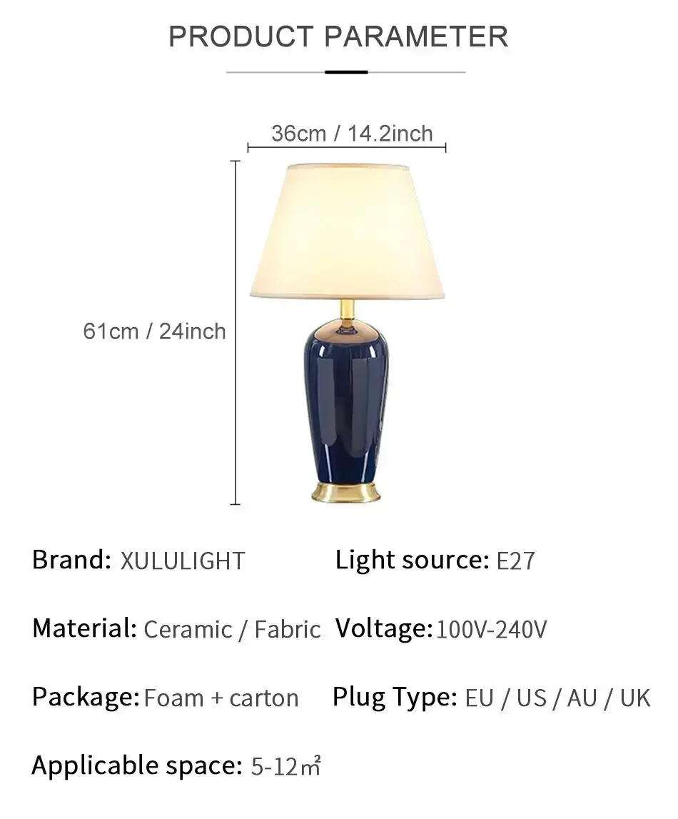 Description Picture 3 of itemCeramic Table Lamp Room Decor American Light Luxury Bedroom Bedside Lamp Living Room Dark Blue Remote Control Desk Lamp