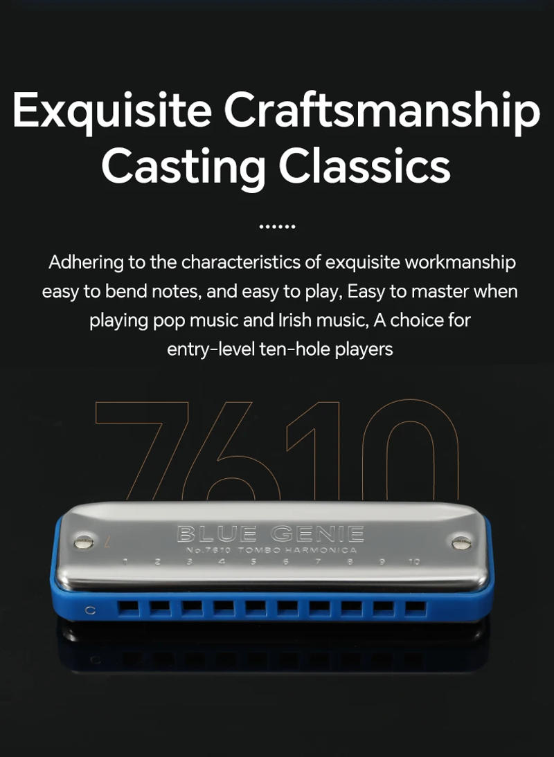 Description Picture 4 of itemTOMBO 7610 Paddy 10 Hole Blues Harp Harmonica Diatonic Mouth Oragn Key of C with Grey Plastic Comb for Beginners, Adults