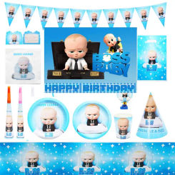 Blue Little Boss Disposable Tableware Boy Birthday Party Supply Cup Sticker Sling Mask candybox Decor Baby Shower backdrop Gift