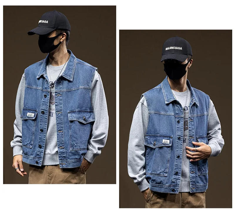 Description Picture 3 of itemPluls Size Men's denim waistcoat men's autumn black Slim jacket sleeveless big yards denim vest handsome mens 5xl 6xl 7xl