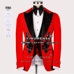 Red Wedding Suits For Men Black Pearls Appliques Blazer Tailor-Made 3 Pieces Formal Groom Wear Tuxedo Traje De Novio Para Boda
