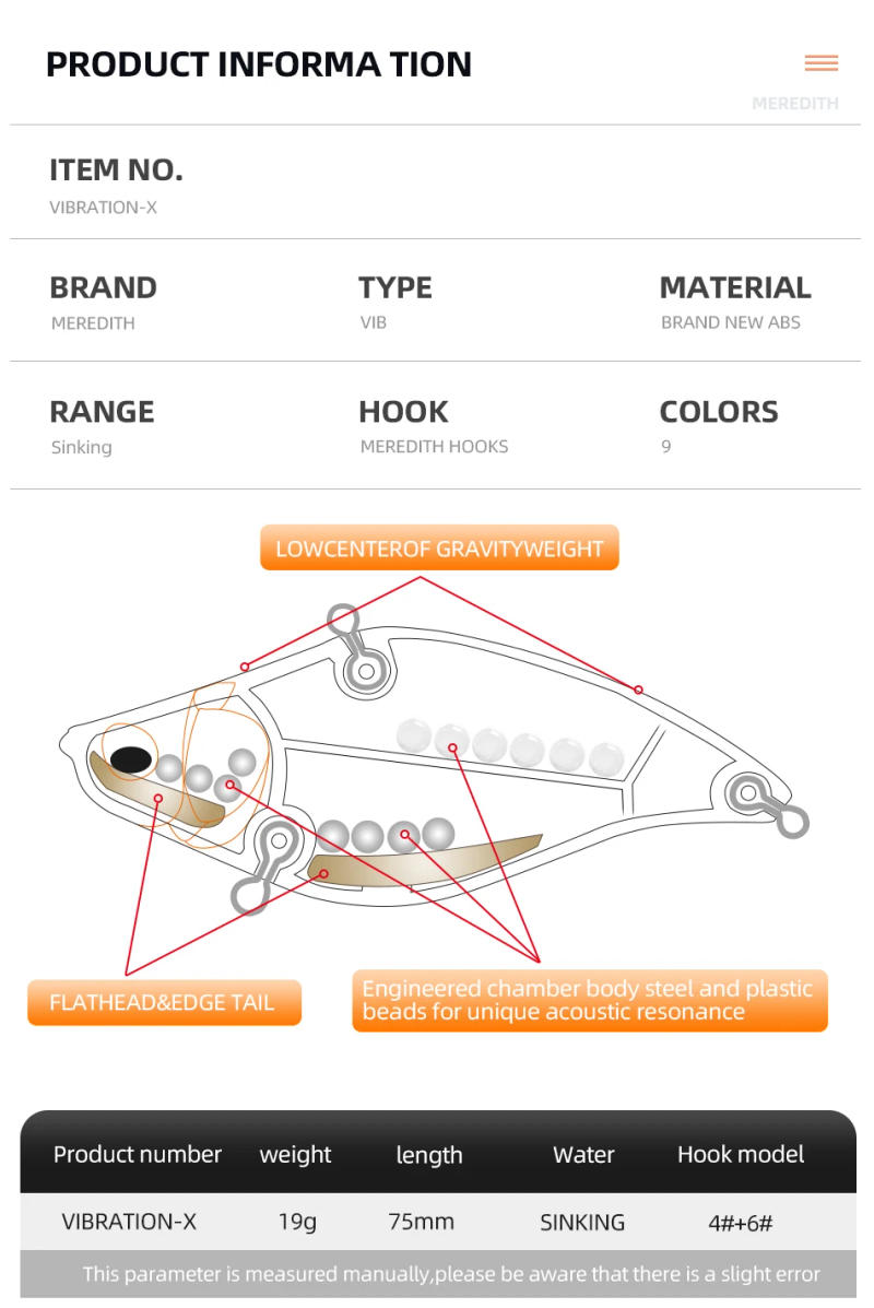 Description Picture 3 of itemMEREDITH VIBRATION-X VIB 75mm 19g Wobblers Fishing Tackle Fishing Lures Vibration Bait for Full Depth Artificial Accessories