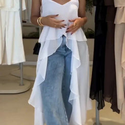 Sleeveless Ruffles Patchwork Chic Long Blouses, Women Summer Solid Fashion V Neck Tops, 2025 Casual Loose Ladies Pullover Shirts