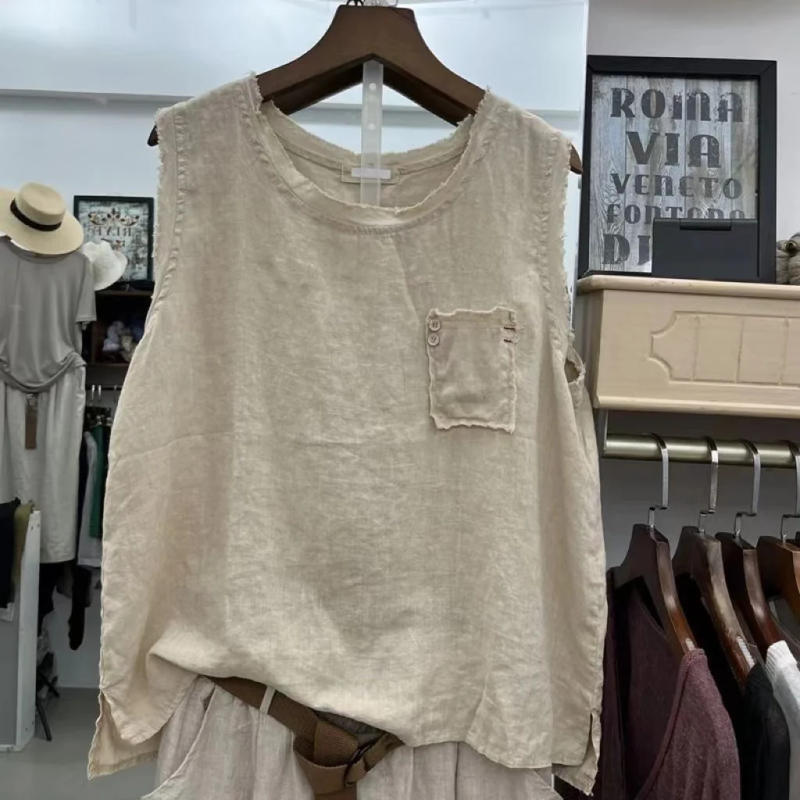 Description Picture 5 of item2024 Summer Cotton Hemp Vest Men Women Thin Loose Sleeveless Tank Top Japanese Stylish Solid Color Shade Stomach Camisole Vest