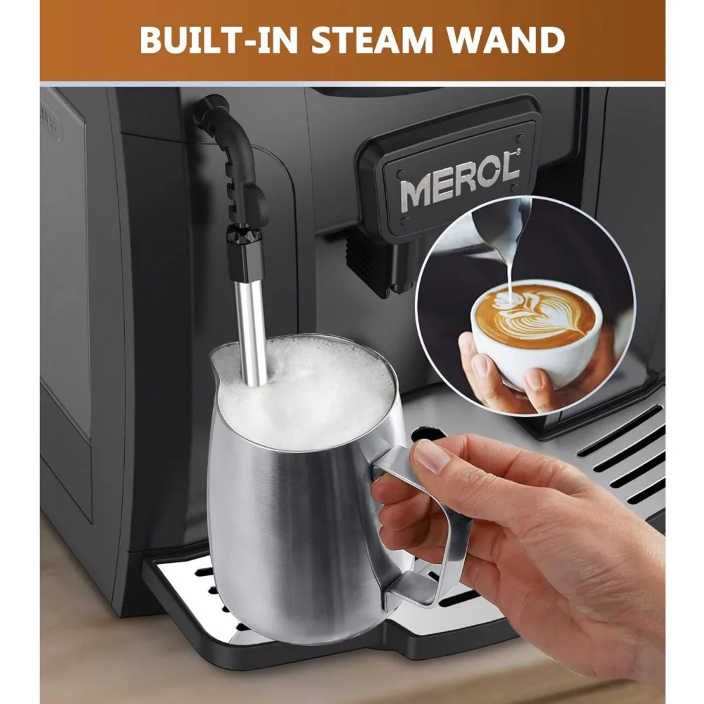 Description Picture 6 of itemAutomatic Espresso Coffee Machine, 19 Bar Barista Pump Coffee Maker with Grinder and Manual Milk Frother Steam Wand