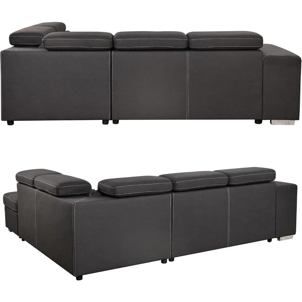 Description Picture 5 of item104'' Sectional Sleeper Sofa with Pull Out Bed and Storage Chaise Ottoman, L Shaped Couch with Adjustable Headrest and Stools