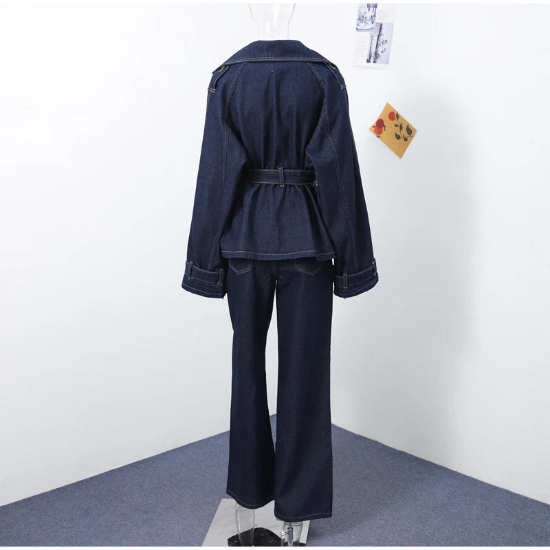 Description Picture 3 of itemLoose Denim Belt Jacket Pants Sets Women Lapel Long Sleeve Pockets Coats Wide Leg Trousers 2025 Spring Fashion Street Outfits