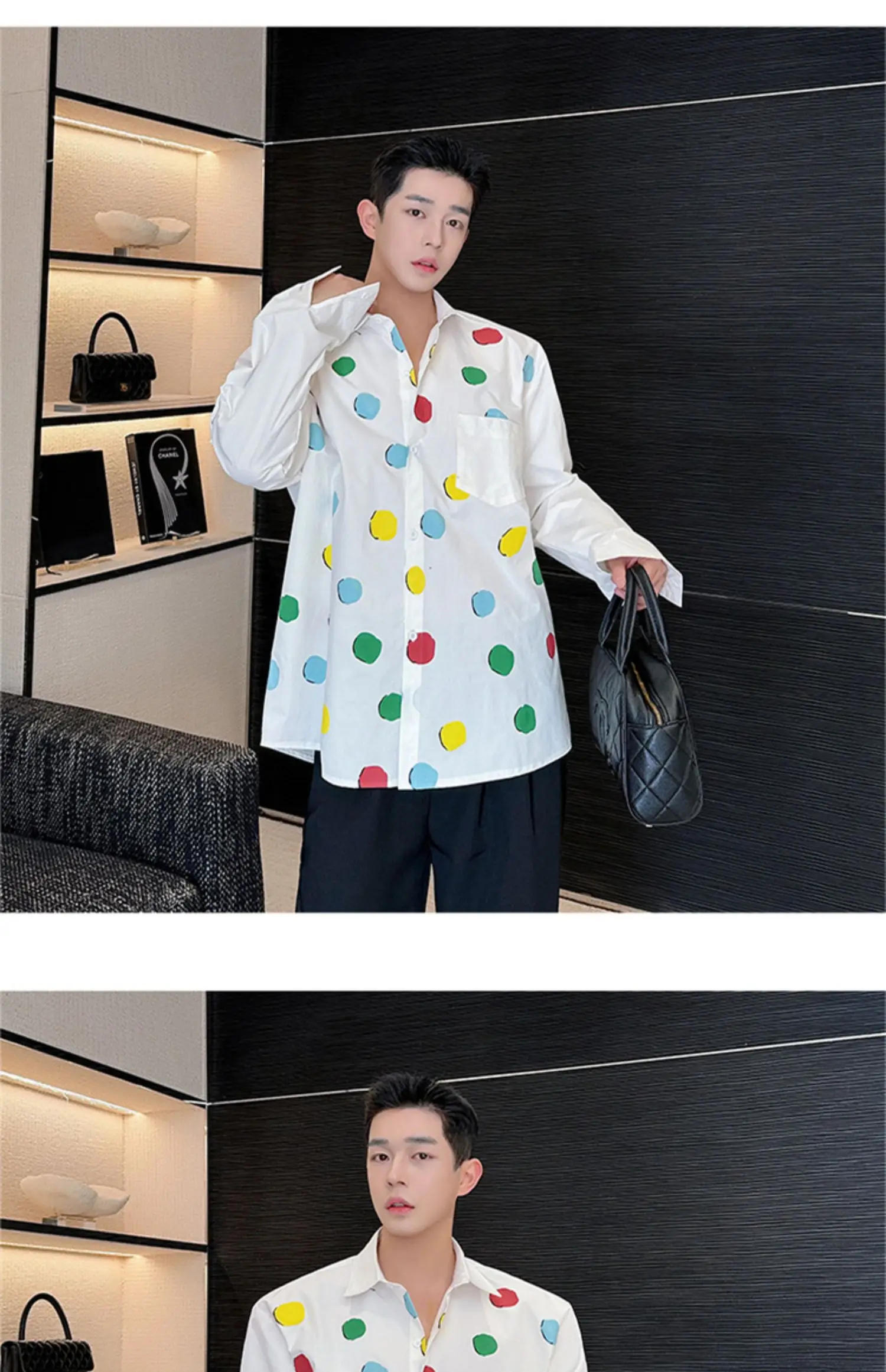 Description Picture 6 of itemCasual Shirts Men Multicolour Dots Korean Streetwear Fashion Loose Long Sleeve Party Dress Shirts Blouses Man Clothes