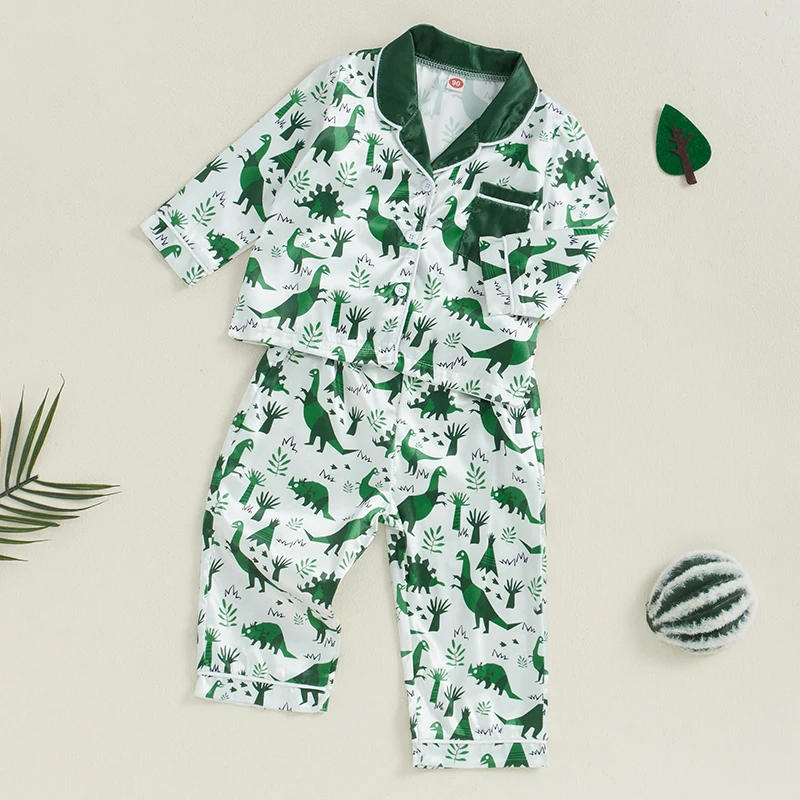 Description Picture 4 of itemLittle Boy Pajama Sets Lapel Neck Button-up Tops Elastic Waist Long Pants Dinosaur Print Loungewear Set