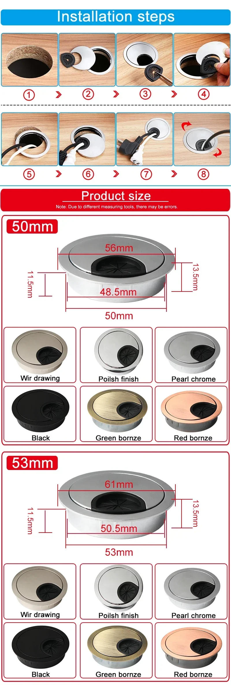 Description Picture 4 of itemZinc Alloy Desktop Wire Hole Cover Base Computer Grommet Table Cable Outlet Port Surface Line Box Furniture Hardware