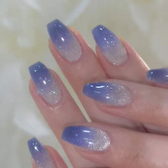 Glitter Blue Gradient Cat Eye Wearable Fake Nails Solid Color Fashion Detachable Finished False Nails Press on Nails with Glue