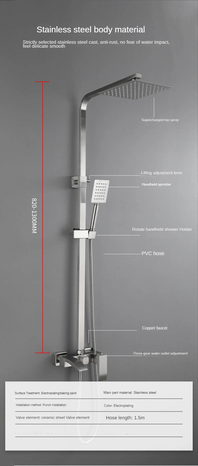Description Picture 3 of itemStainless Steel Shower Set In-wall Simple  System  Pressurized  Head Three-function Bathroom