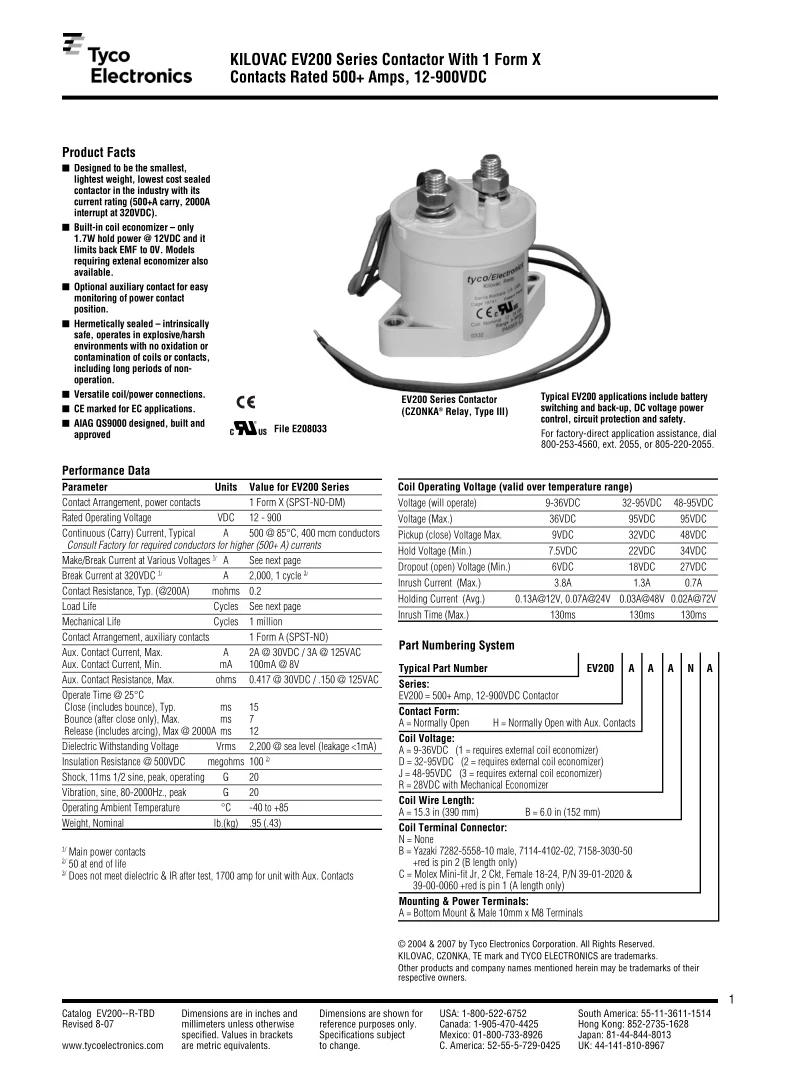 Description Picture 3 of item2-2071410-2 IHV200HDANA DC Relay Contactor (Replaces EV200ADANA) 48-72VDC Original Quality For TE