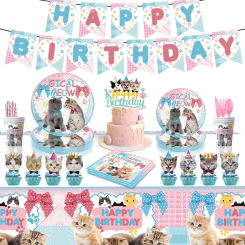 Cute cat Birthday Party Tableware disposable Paper plates Paper towels tablecloth Birthday ecorations Atmosphere arrangement