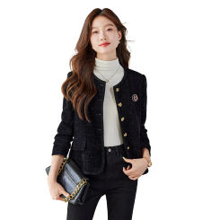 Vintage Cropped Tweed Jackets Women Elegant Black Thicken Coat Korean Single Breasted Blazer Casual Warm Short Outerwear Tops