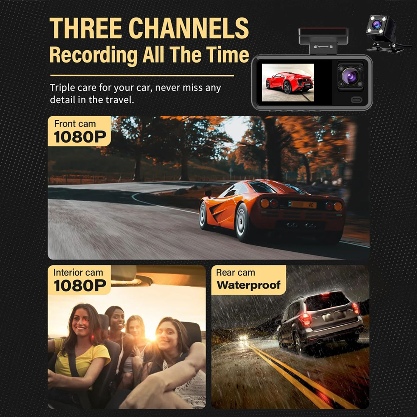 Description Picture 4 of item3 Lens 1080P Car Dvr Cabin Mini Dash Cam Interior Vehicle Three Way Channel Camera Recorder Video Registrator Dashcam Camcorder