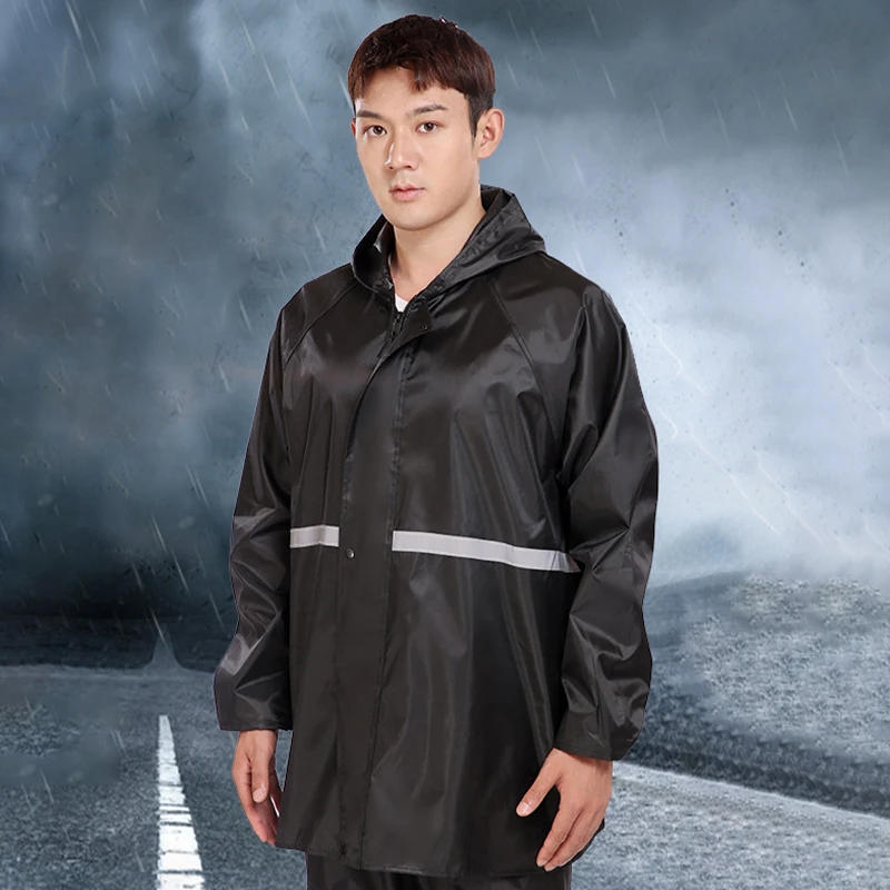 Description Picture 6 of item1Pcs Hooded Coat & Pant Rain Suit For Women Men Outdoor Waterproof Rain Gear With Reflective Strip Motocycle Riding Raincoat