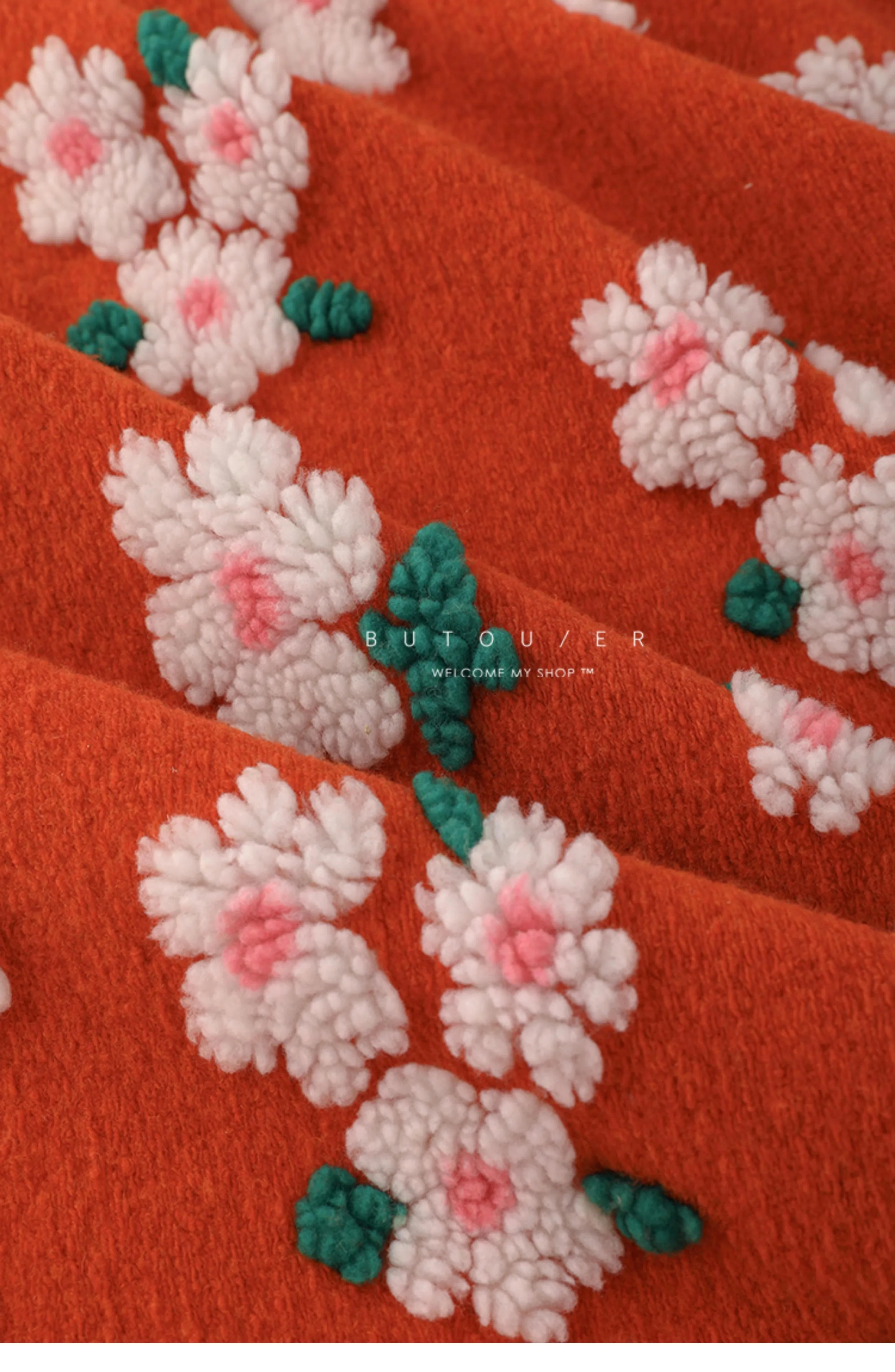Description Picture 6 of itemOrange Red Flower Jacquard Knitted Imitation Woolen Fabric Autumn and Winter Jackets Girls' Hoodies Cloaks Handmade DIY Fabric