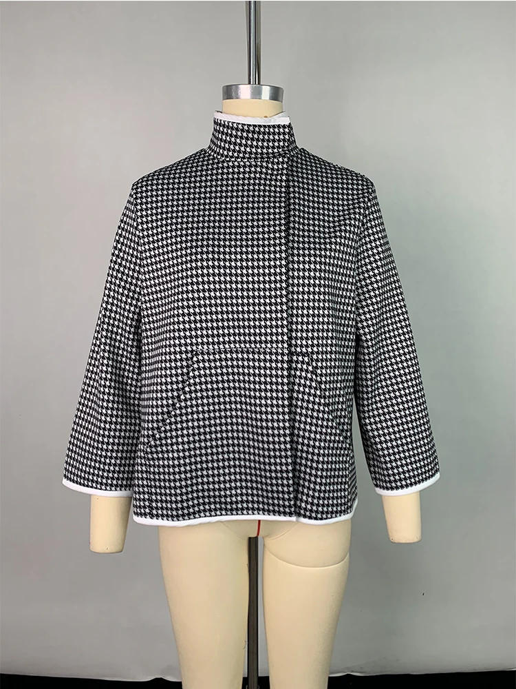 Description Picture 5 of itemGymystars Winter Jacket Women Houndstooth Coat Fashion Contrast Color Loose Stand Collar Split-Joint Outerwear Female Clothing