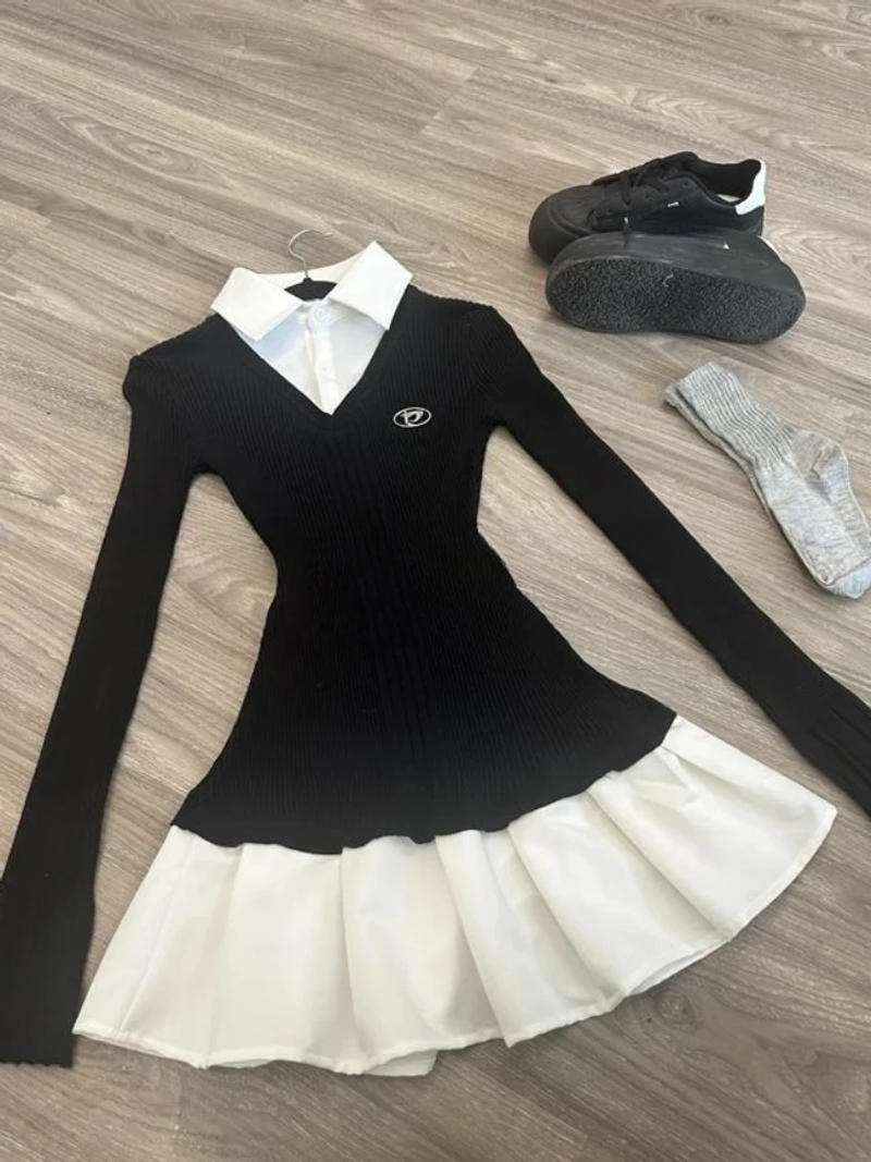 Description Picture 3 of itemAmerican Vintage Shirt Long Sleeve Mini Dresses Women Clothing Slim Fit Polo Neck Black Short Party Dress Korean Fashion Autumn