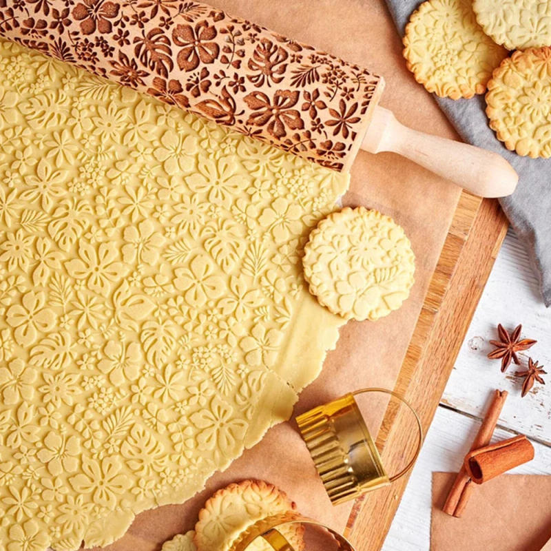 Description Picture 3 of itemArjmide 35X4.5CM Flower Leaf Strawberry Deep Engraved Wooden Embossed Cookies Rolling Pin for Baking 3D Mold